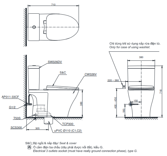 Thông số kỹ thuật của Bàn cầu 2 khối TOTO CS326DT3