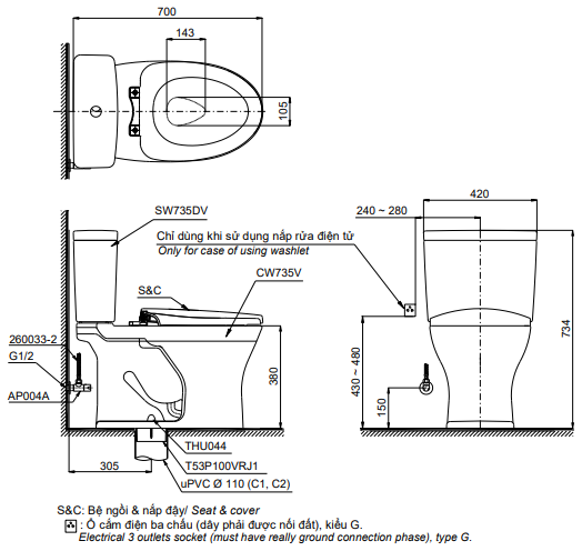 Thông số kỹ thuật của Bàn cầu 2 khối TOTO CS735DT3