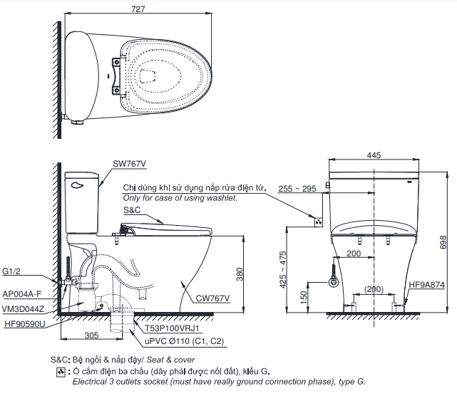 Bản vẽ kỹ thuật của Bàn cầu 2 khối TOTO CS767RT10