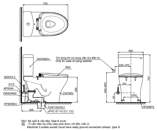 Bản vẽ kỹ thuật của Bàn cầu 2 khối TOTO CS769DRT10
