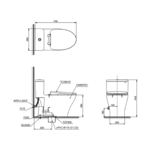 Bản vẽ kỹ thuật của Bàn cầu 1 khối TOTO MS857DT10