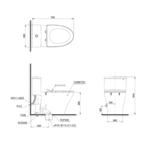 Bản vẽ kỹ thuật của Bàn cầu 1 khối TOTO MS857DT2